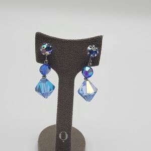 Vintage dazzling Silver tone Blue Glass 3D Beads Clip on earrings